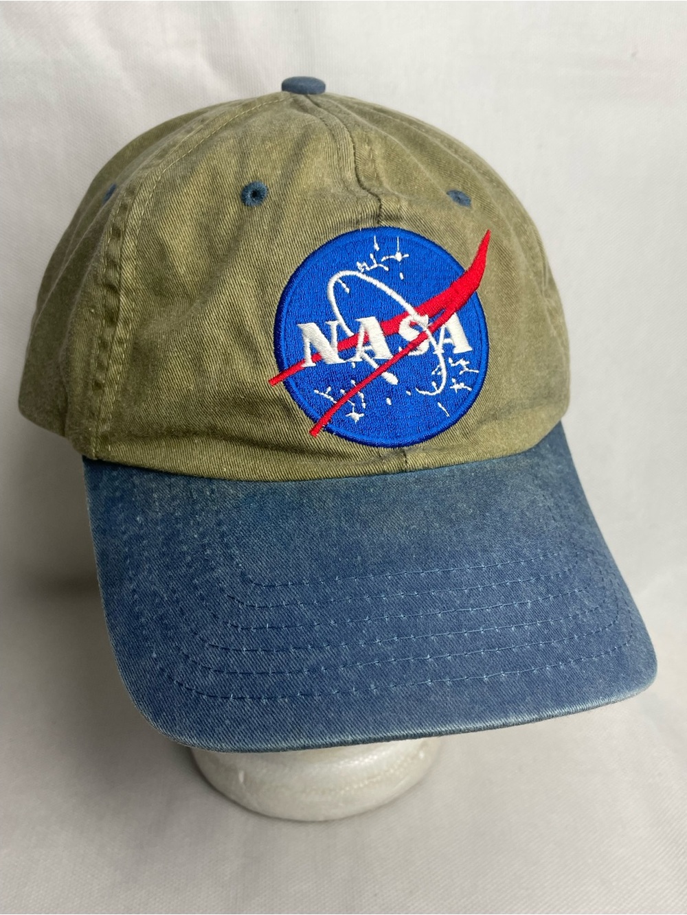 VTG NASA Insignia Embroidered Cotton Cap Plastic Lines Adjustable Snap Olive Hat
